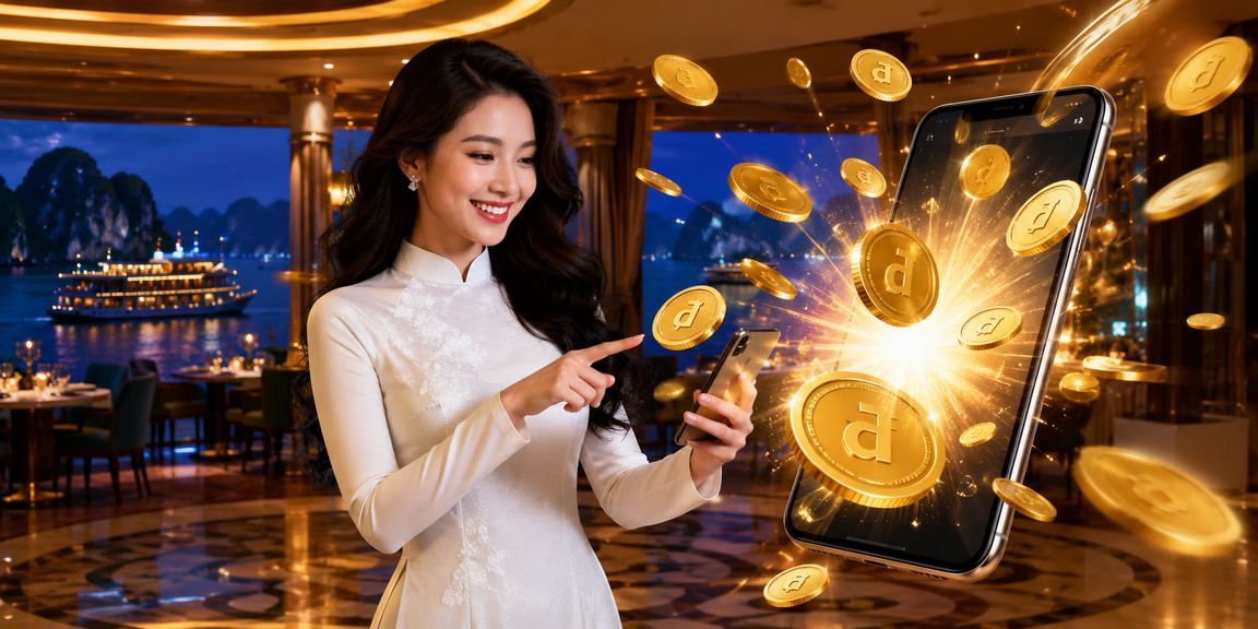 Người phụ nữ mặc áo dài theo dõi cá cược thể thao qua điện thoại tại vịnh Hạ Long