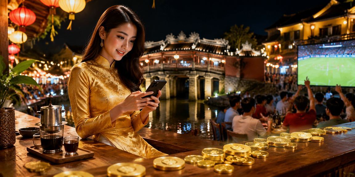 Phụ nữ mặc áo dài trải nghiệm casino di động tại phố cổ Hội An về đêm